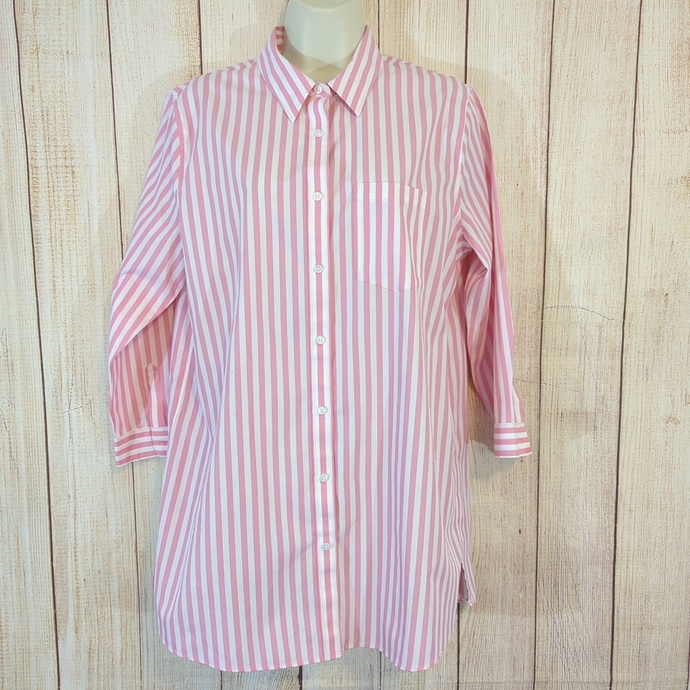 Land's End No Iron Pink Striped Blouse 10 Tall NWOT